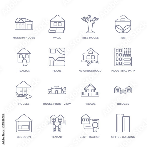 set of 16 thin linear icons such as office building, certification, tenant, bedroom, bridges, facade, house front view from real estate collection on white background, outline sign icons or symbols