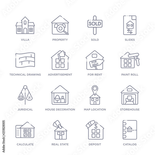 set of 16 thin linear icons such as catalog, deposit, real state, calculate, storehouse, map location, house decoration from real estate collection on white background, outline sign icons or symbols