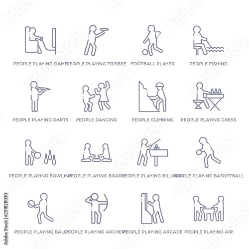 set of 16 thin linear icons such as people playing air hockey, people playing arcade game, people playing archery, ball, basketball, billiard, board games from recreational games collection on white