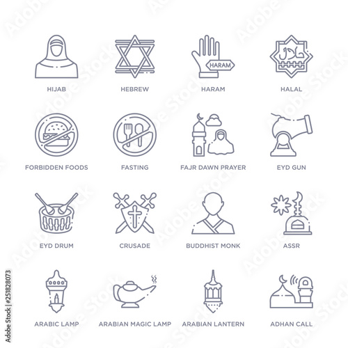 set of 16 thin linear icons such as adhan call, arabian lantern, arabian magic lamp, arabic lamp, assr, buddhist monk, crusade from religion collection on white background, outline sign icons or