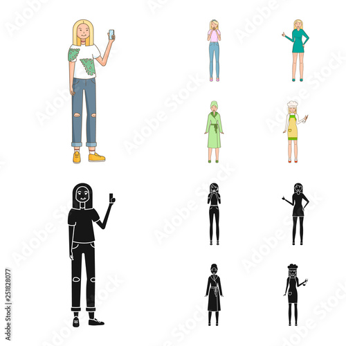 Vector illustration of posture and mood icon. Set of posture and female vector icon for stock.