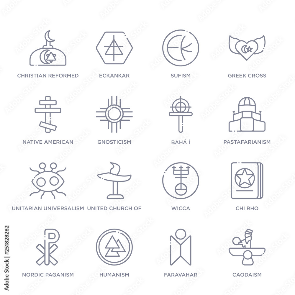 set of 16 thin linear icons such as caodaism, faravahar, humanism, nordic paganism, chi rho, wicca, united church of christ from religion collection on white background, outline sign icons or set of 16 thin linear icons such as caodaism, faravahar, humanism, nordic paganism, chi rho, wicca, united church of christ from religion collection on white background, outline sign icons or