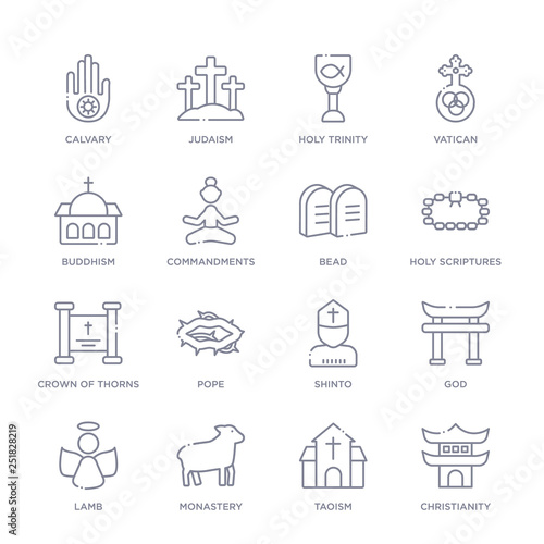 set of 16 thin linear icons such as christianity, taoism, monastery, lamb, god, shinto, pope from religion collection on white background, outline sign icons or symbols