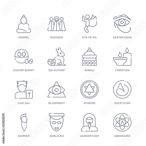 set of 16 thin linear icons such as abrahamic, agnosticism, anglican, animism, asceticism, atheism, blasphemy from religion collection on white background, outline sign icons or symbols