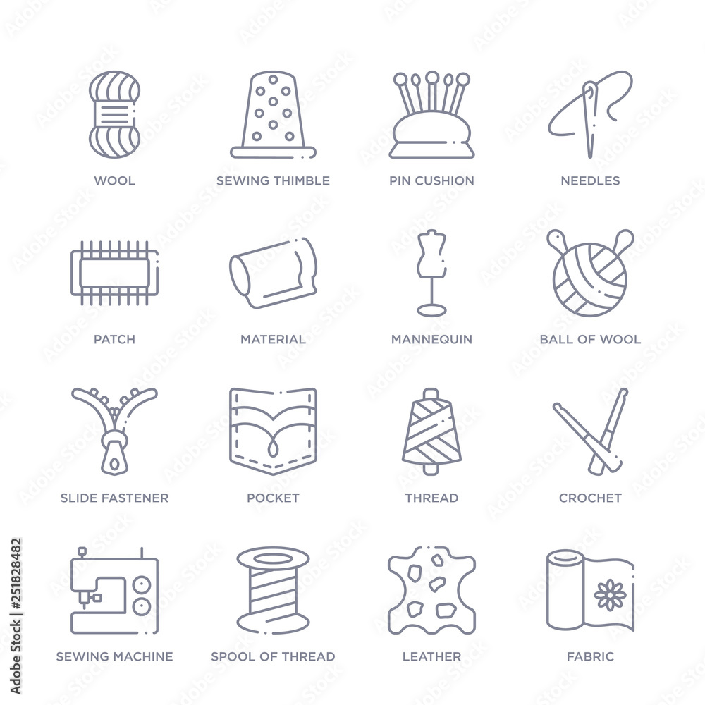 Fototapeta premium set of 16 thin linear icons such as fabric, leather, spool of thread, sewing machine, crochet, thread, pocket from sew collection on white background, outline sign icons or symbols