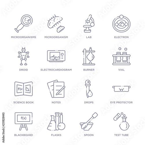 set of 16 thin linear icons such as test tube, spoon, flasks, blackboard, eye protector, drops, notes from science collection on white background, outline sign icons or symbols