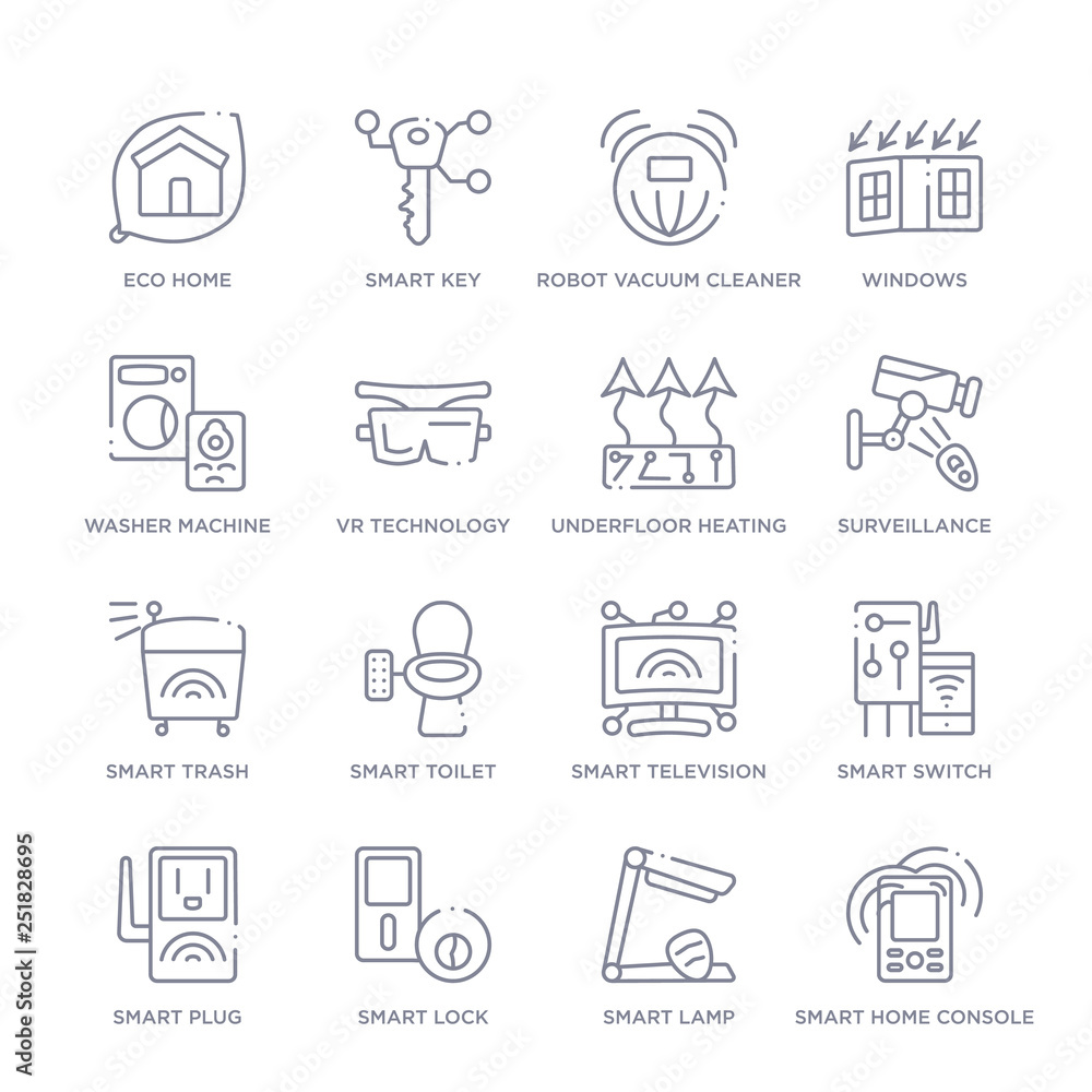 set of 16 thin linear icons such as smart home console, smart lamp, smart lock, plug, switch, television, toilet from home collection on white background, outline sign icons or symbols