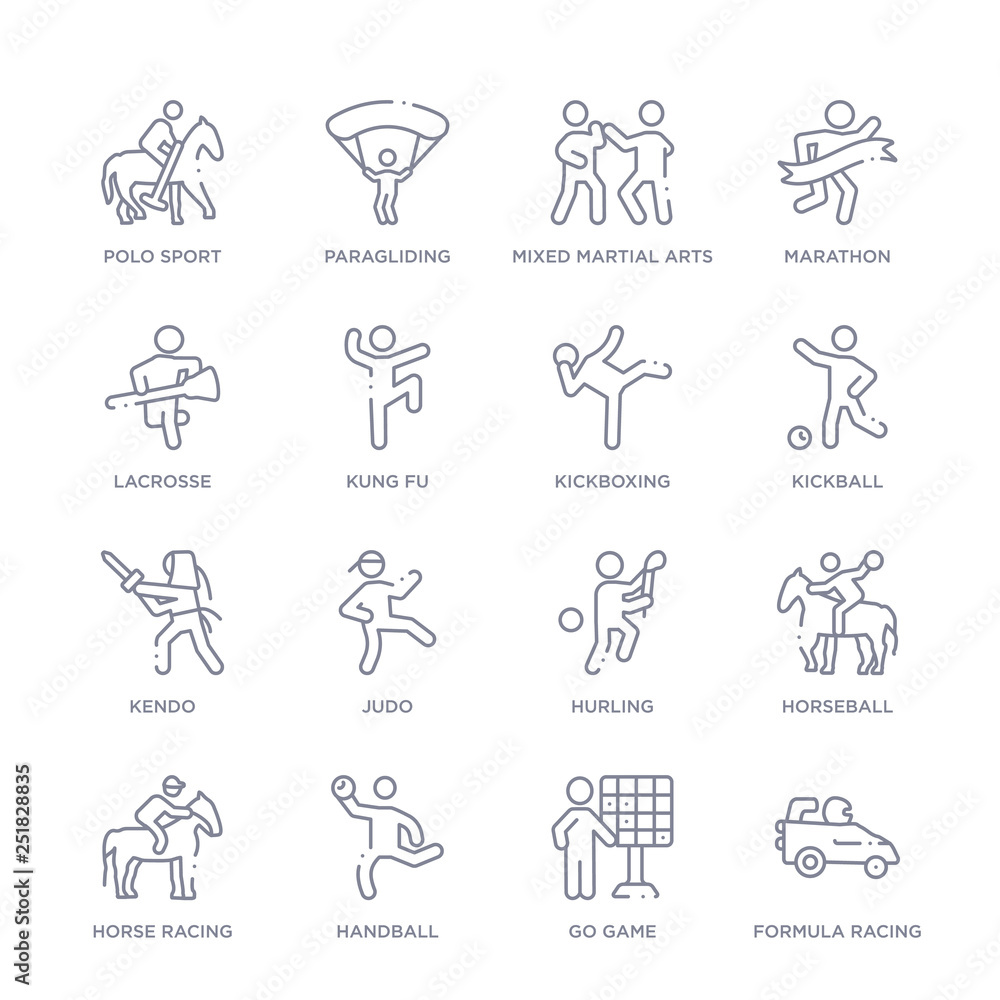 set of 16 thin linear icons such as formula racing, go game, handball, horse racing, horseball, hurling, judo from sport collection on white background, outline sign icons or symbols set of 16 thin linear icons such as formula racing, go game, handball, horse racing, horseball, hurling, judo from sport collection on white background, outline sign icons or symbols