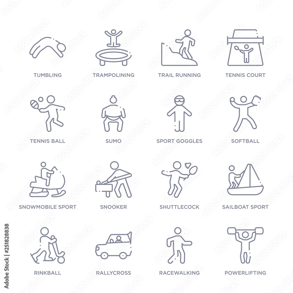 set of 16 thin linear icons such as powerlifting, racewalking, rallycross, rinkball, sailboat sport, shuttlecock, snooker from sport collection on white background, outline sign icons or symbols set of 16 thin linear icons such as powerlifting, racewalking, rallycross, rinkball, sailboat sport, shuttlecock, snooker from sport collection on white background, outline sign icons or symbols