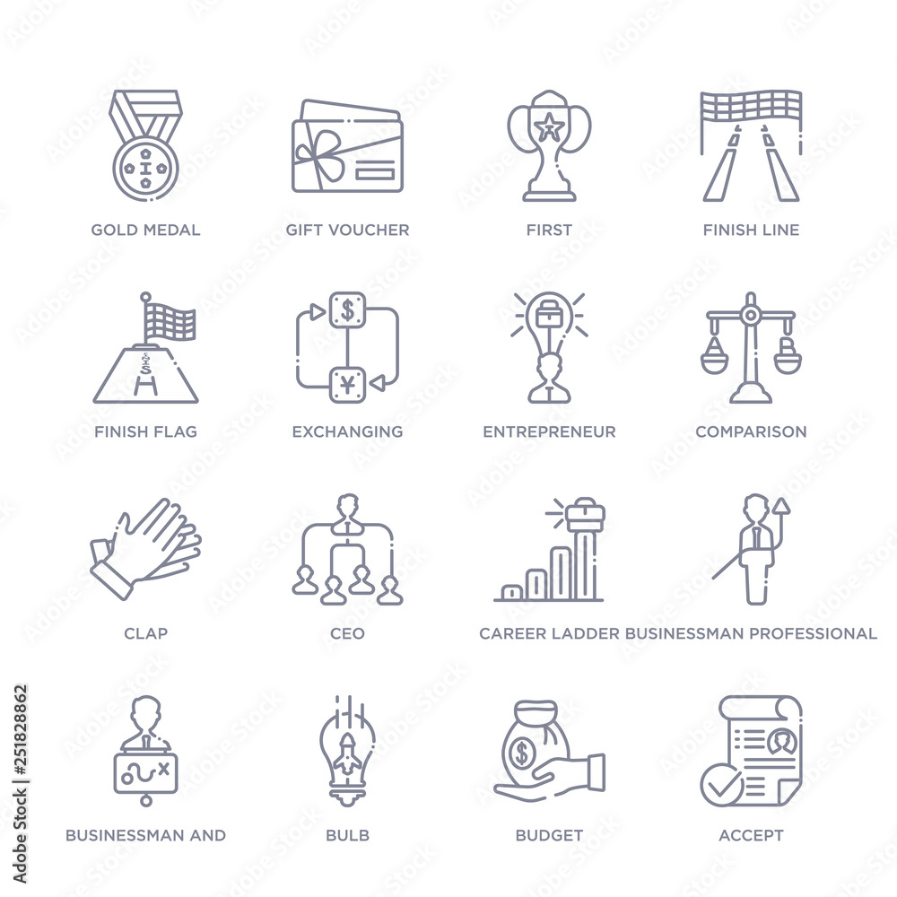 set of 16 thin linear icons such as accept, budget, bulb, businessman and strategy, businessman professional, career ladder, ceo from startup stategy and collection on white background, outline sign set of 16 thin linear icons such as accept, budget, bulb, businessman and strategy, businessman professional, career ladder, ceo from startup stategy and collection on white background, outline sign