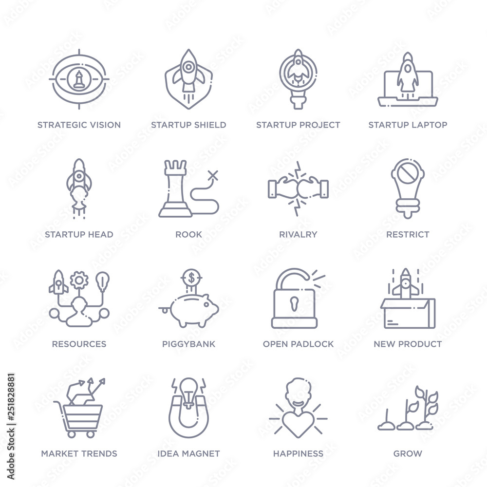 set of 16 thin linear icons such as grow, happiness, idea magnet, market trends, new product, open padlock, piggybank from startup stategy and collection on white background, outline sign icons or set of 16 thin linear icons such as grow, happiness, idea magnet, market trends, new product, open padlock, piggybank from startup stategy and collection on white background, outline sign icons or