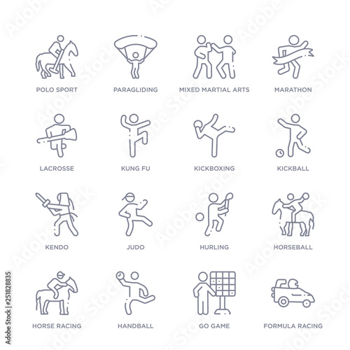 set of 16 thin linear icons such as formula racing, go game, handball, horse racing, horseball, hurling, judo from sport collection on white background, outline sign icons or symbols