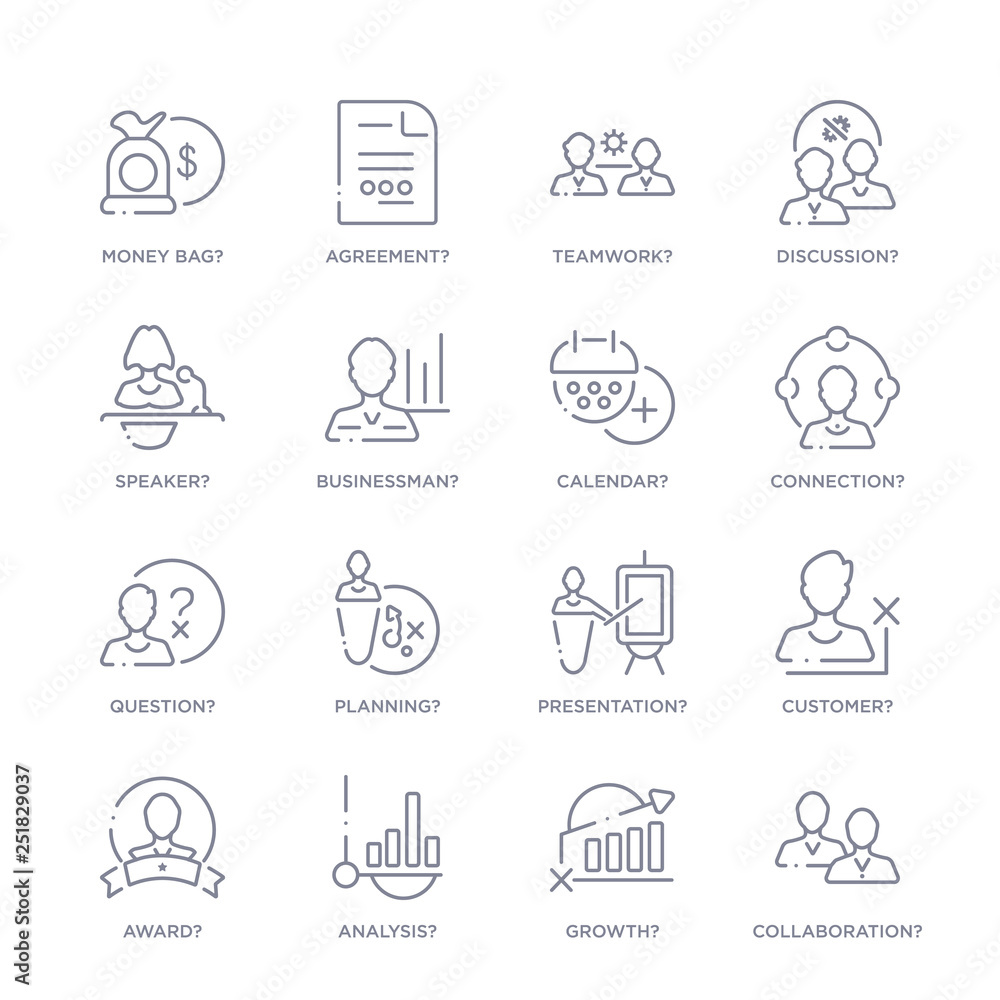 set of 16 thin linear icons such as collaboration?, growth?, analysis?, award?, customer?, presentation?, planning? from strategy collection on white background, outline sign icons or symbols set of 16 thin linear icons such as collaboration?, growth?, analysis?, award?, customer?, presentation?, planning? from strategy collection on white background, outline sign icons or symbols