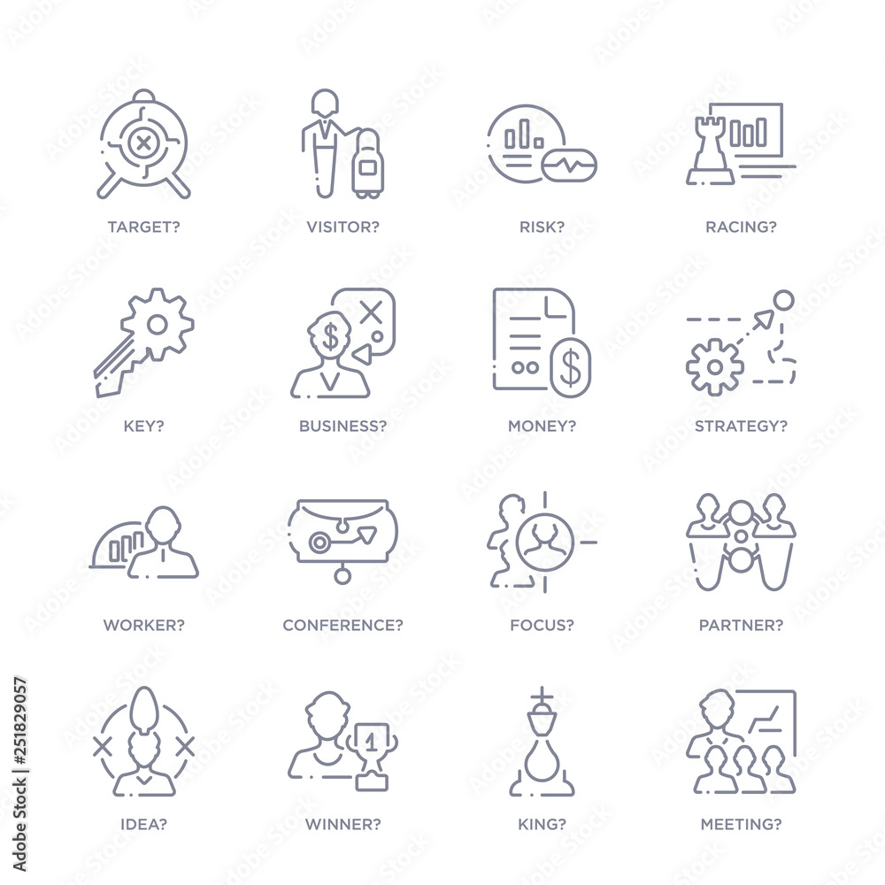 set of 16 thin linear icons such as meeting?, king?, winner?, idea?, partner?, focus?, conference? from strategy collection on white background, outline sign icons or symbols set of 16 thin linear icons such as meeting?, king?, winner?, idea?, partner?, focus?, conference? from strategy collection on white background, outline sign icons or symbols