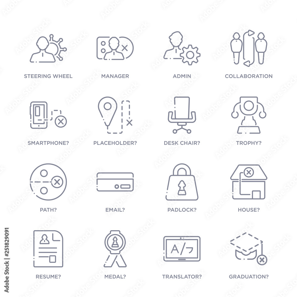 set of 16 thin linear icons such as graduation?, translator?, medal?, resume?, house?, padlock?, email? from strategy collection on white background, outline sign icons or symbols