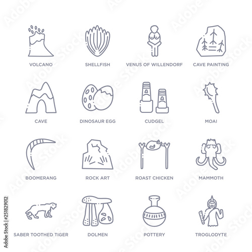 set of 16 thin linear icons such as troglodyte, pottery, dolmen, saber toothed tiger, mammoth, roast chicken, rock art from stone age collection on white background, outline sign icons or symbols