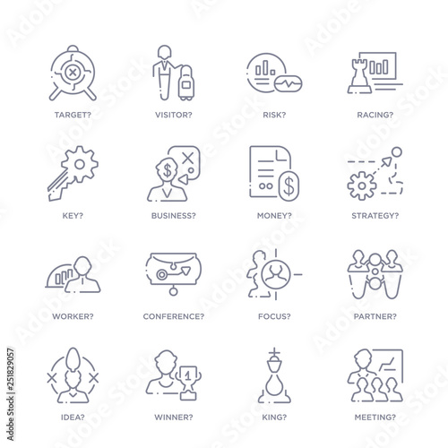 set of 16 thin linear icons such as meeting?, king?, winner?, idea?, partner?, focus?, conference? from strategy collection on white background, outline sign icons or symbols