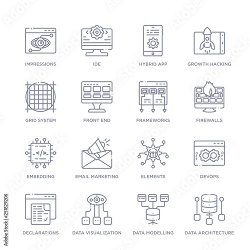 set of 16 thin linear icons such as data architecture, data modelling, data visualization, declarations, devops, elements, email marketing from technology collection on white background, outline