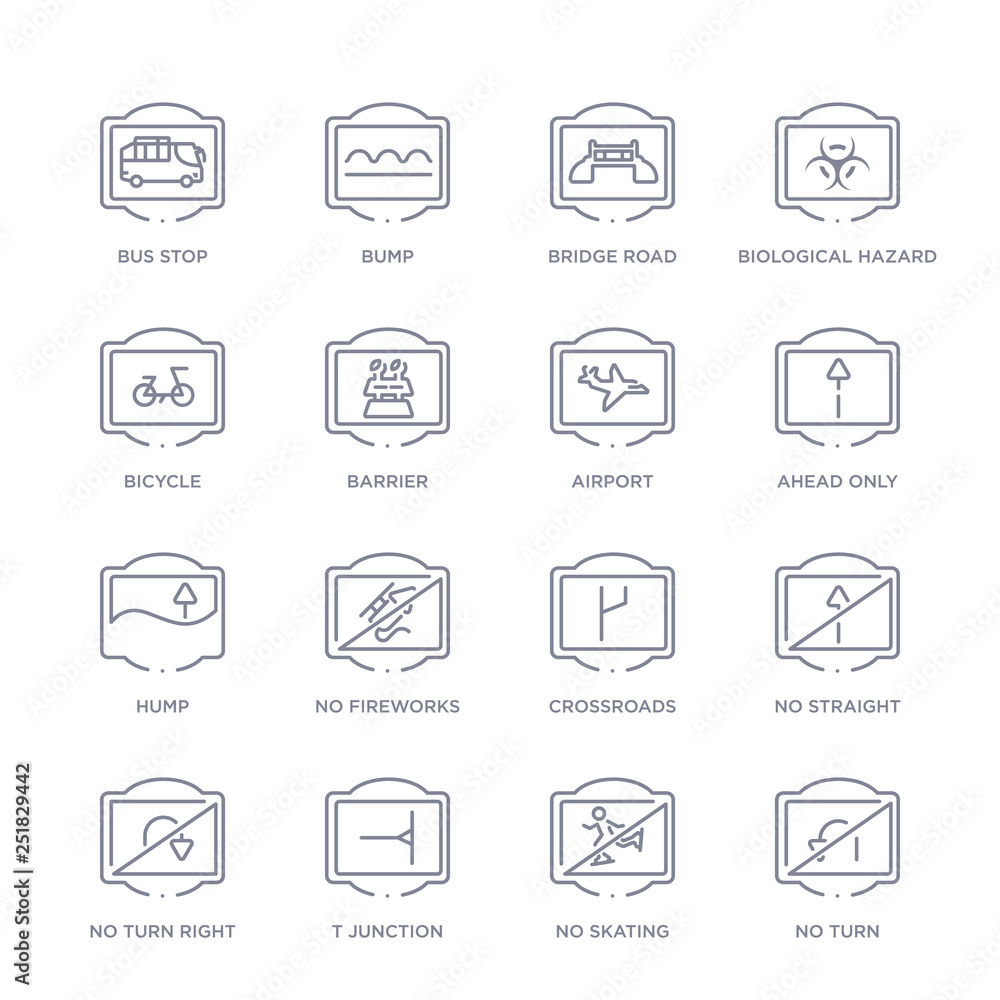 set of 16 thin linear icons such as no turn, no skating, t junction, no turn right, straight, crossroads, fireworks from traffic signs collection on white background, outline sign icons or symbols set of 16 thin linear icons such as no turn, no skating, t junction, no turn right, straight, crossroads, fireworks from traffic signs collection on white background, outline sign icons or symbols