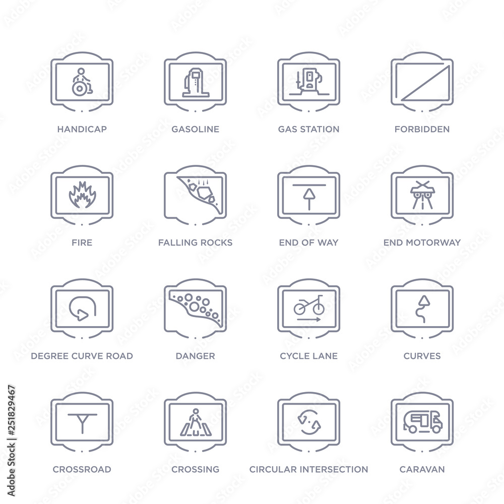 set of 16 thin linear icons such as caravan, circular intersection, crossing, crossroad, curves, cycle lane, danger from traffic signs collection on white background, outline sign icons or symbols