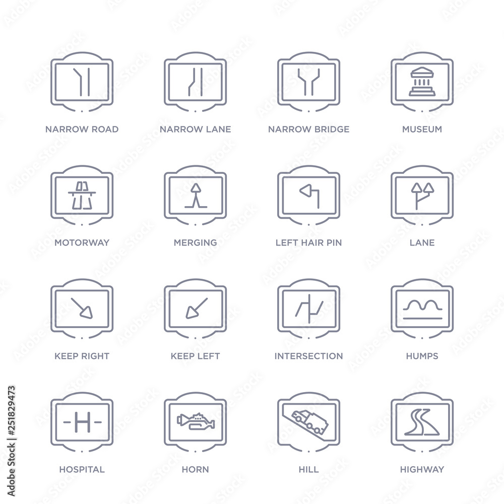 set of 16 thin linear icons such as highway, hill, horn, hospital, humps, intersection, keep left from traffic signs collection on white background, outline sign icons or symbols set of 16 thin linear icons such as highway, hill, horn, hospital, humps, intersection, keep left from traffic signs collection on white background, outline sign icons or symbols