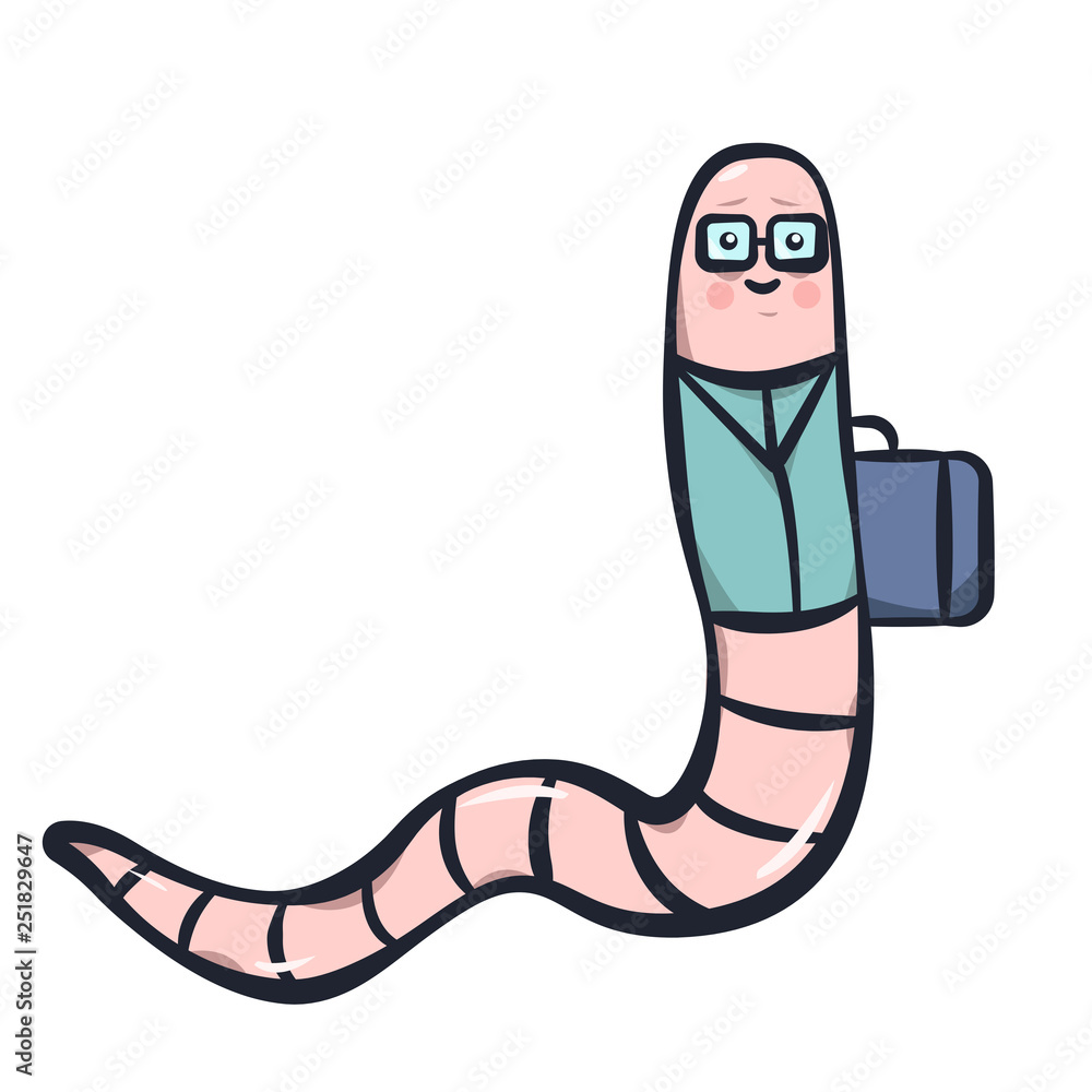 Fototapeta premium Cute Cartoon Kawaii Office Earthworm on White Background.