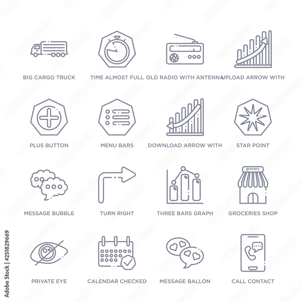set of 16 thin linear icons such as call contact, message ballon, calendar checked, private eye, groceries shop, three bars graph, turn right from ultimate glyphicons collection on white background, set of 16 thin linear icons such as call contact, message ballon, calendar checked, private eye, groceries shop, three bars graph, turn right from ultimate glyphicons collection on white background,