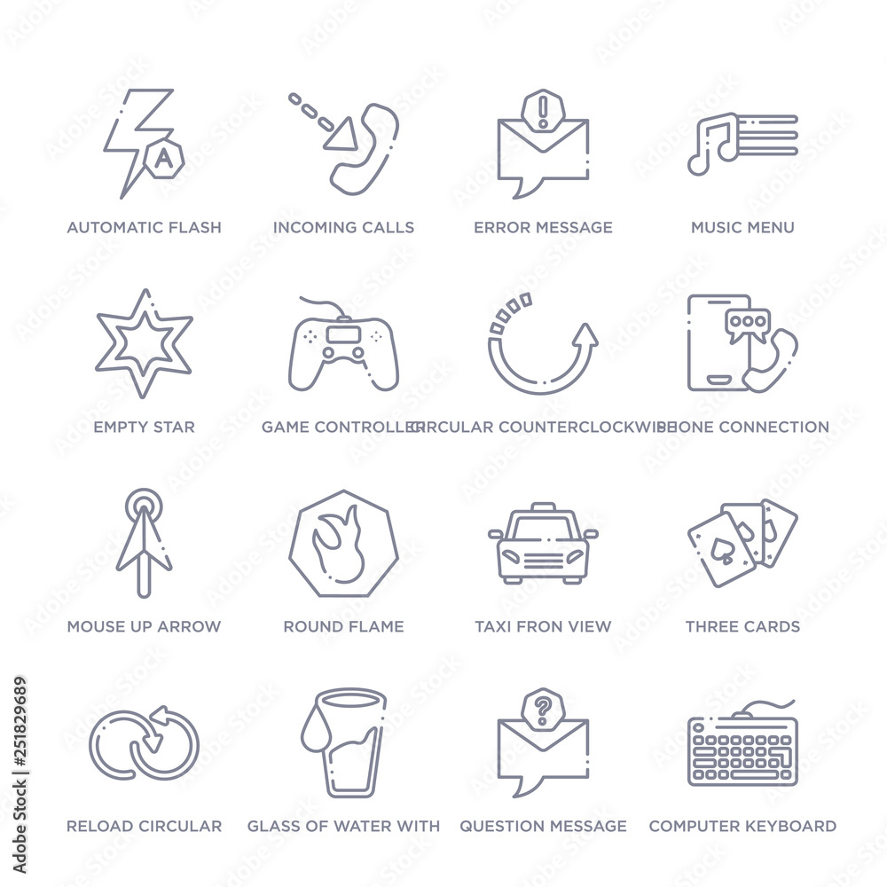 Fototapeta premium set of 16 thin linear icons such as computer keyboard, question message, glass of water with drop, reload circular arrow, three cards, taxi fron view, round flame from ultimate glyphicons collection
