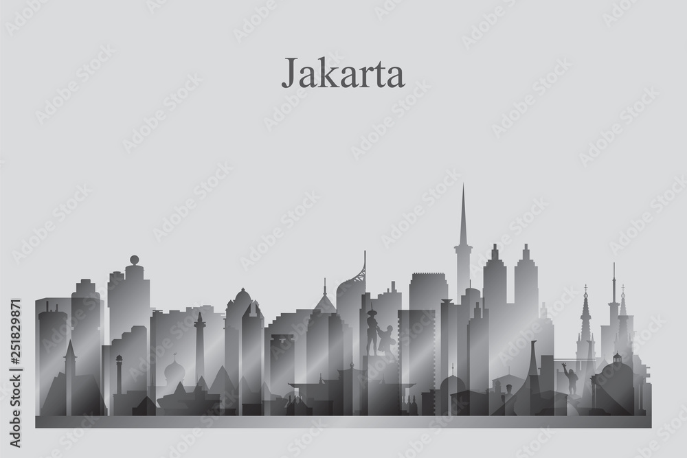 Jakarta city skyline silhouette in grayscale