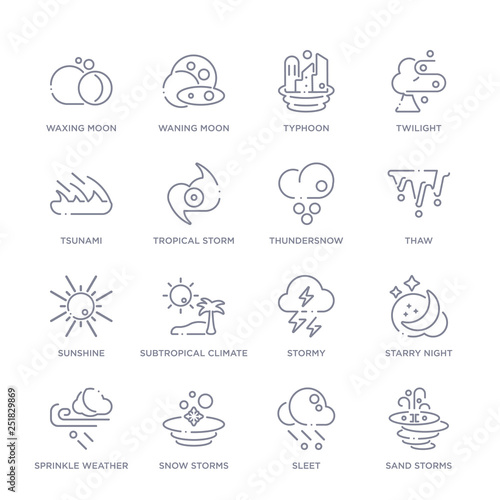 set of 16 thin linear icons such as sand storms, sleet, snow storms, sprinkle weather, starry night, stormy, subtropical climate from weather collection on white background, outline sign icons or