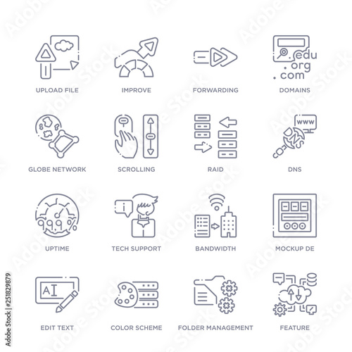 set of 16 thin linear icons such as feature, folder management, color scheme, edit text, mockup de, bandwidth, tech support from web hosting collection on white background, outline sign icons or