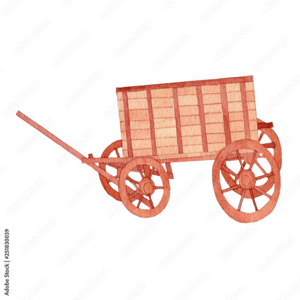Wooden cart isolated on white background .Wooden cart  Hand painted Watercolor illustrations.