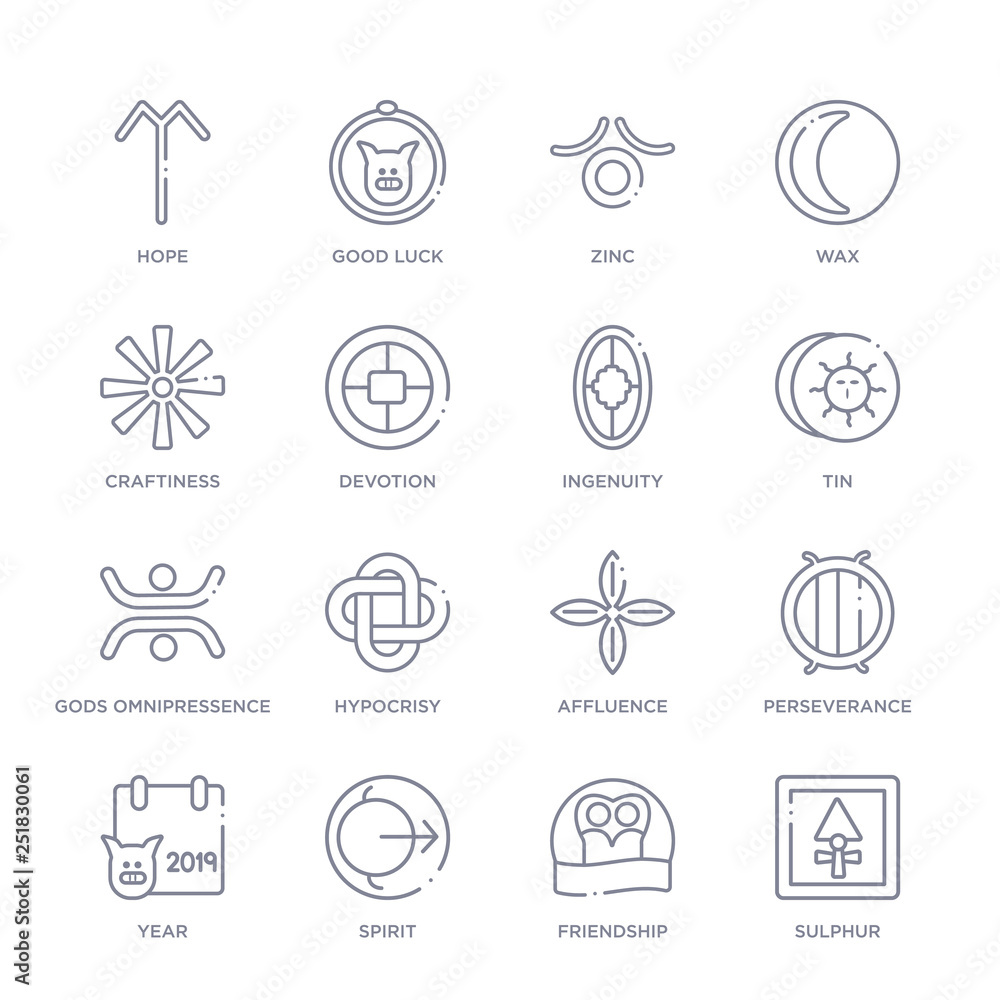 set of 16 thin linear icons such as sulphur, friendship, spirit, year, perseverance, affluence, hypocrisy from zodiac collection on white background, outline sign icons or symbols
