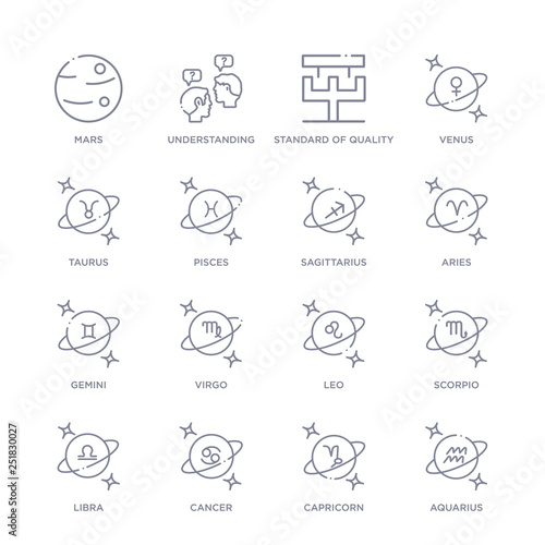 set of 16 thin linear icons such as aquarius, capricorn, cancer, libra, scorpio, leo, virgo from zodiac collection on white background, outline sign icons or symbols