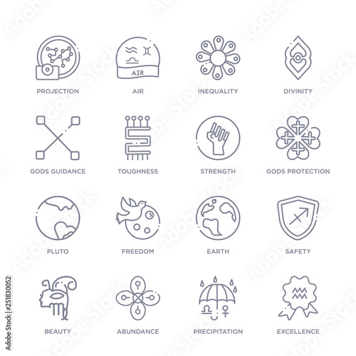 set of 16 thin linear icons such as excellence, precipitation, abundance, beauty, safety, earth, freedom from zodiac collection on white background, outline sign icons or symbols