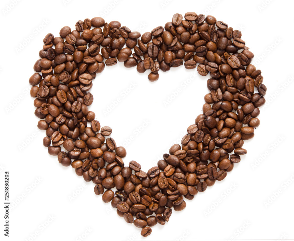 Coffee beans in heart shape white background isolated - Image Coffee beans in heart shape white background isolated - Image