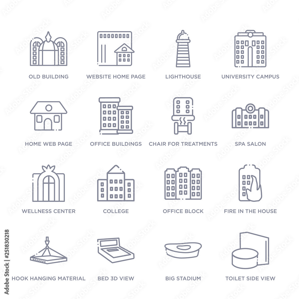 set of 16 thin linear icons such as toilet side view, big stadium, bed 3d view, hook hanging material, fire in the house, office block, college from buildings collection on white background, outline set of 16 thin linear icons such as toilet side view, big stadium, bed 3d view, hook hanging material, fire in the house, office block, college from buildings collection on white background, outline