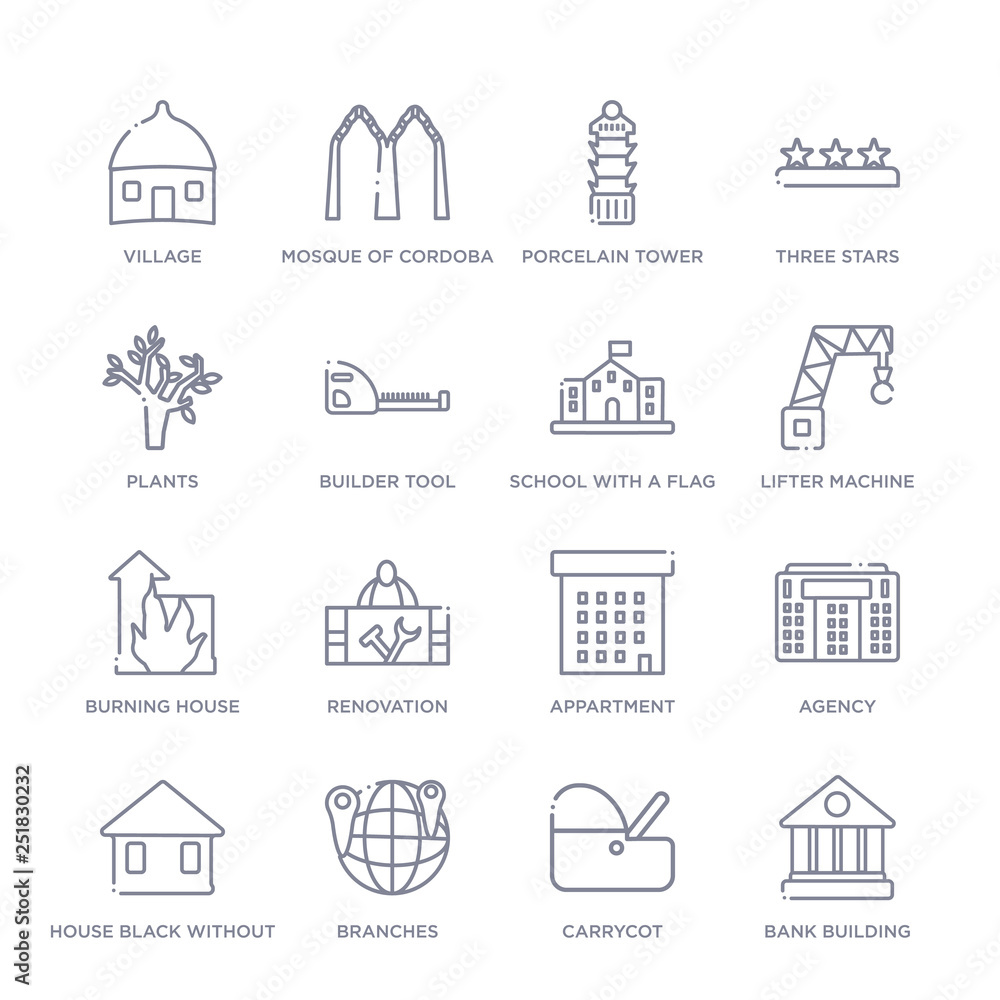 set of 16 thin linear icons such as bank building, carrycot, branches, house black without door, agency, appartment, renovation from buildings collection on white background, outline sign icons or