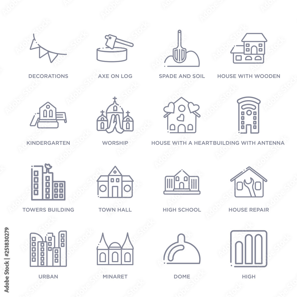 Vetor de set of 16 thin linear icons such as high, dome, minaret, urban ...
