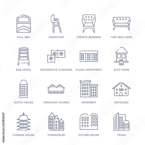 set of 16 thin linear icons such as town, future house, townhouse, chinese house, detached, aparment, terraced houses from buildings collection on white background, outline sign icons or symbols