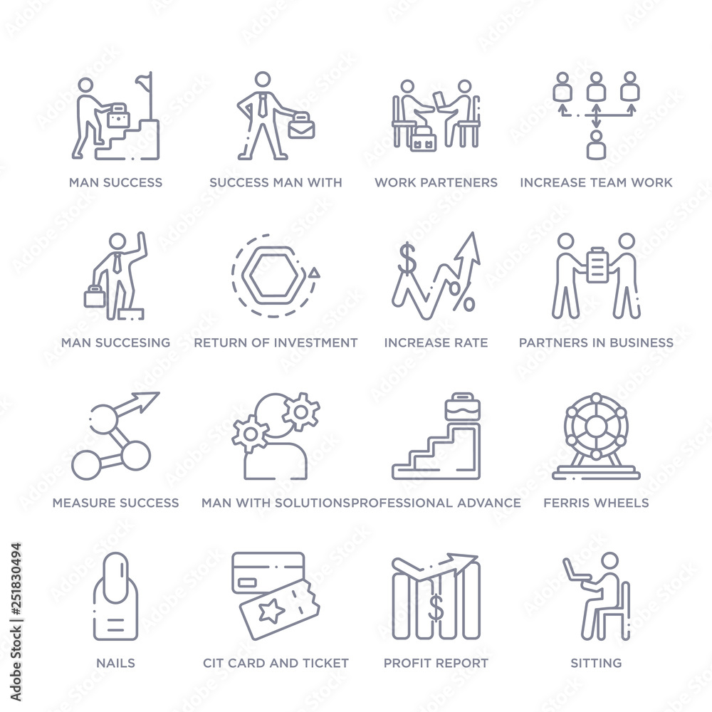 set of 16 thin linear icons such as sitting, profit report, cit card ...