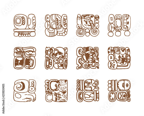 Vintage graphic maya glyphs, inca and aztec zodiac ornaments and symbols in old american indian style.Vector illustration and doodle drawing for design. 