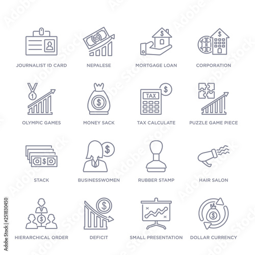 set of 16 thin linear icons such as dollar currency, small presentation board, deficit, hierarchical order, hair salon, rubber stamp, businesswomen from business collection on white background,