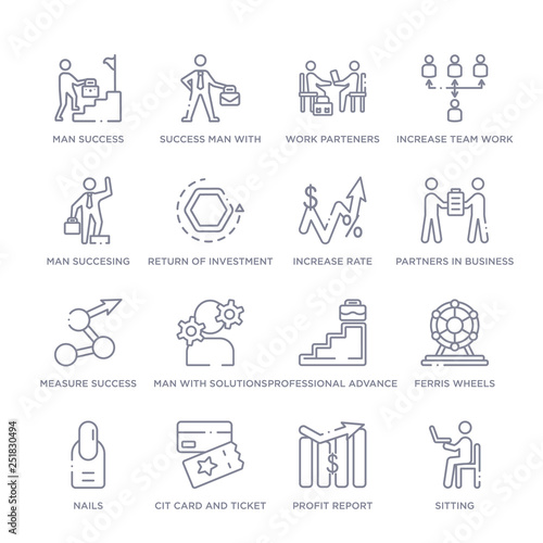 set of 16 thin linear icons such as sitting, profit report, cit card and ticket, nails, ferris wheels, professional advance, man with solutions from business collection on white background, outline