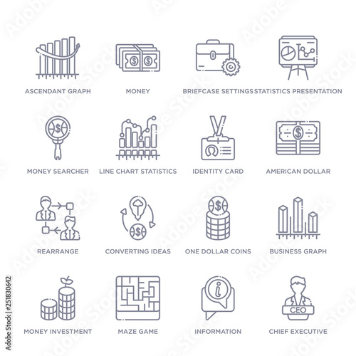 set of 16 thin linear icons such as chief executive officer, information, maze game, money investment, business graph, one dollar coins, converting ideas in money from business collection on white