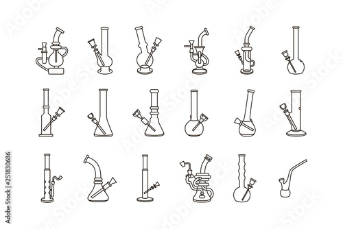 Bong and pipe for marijuana and cannabis line art vector illustration set