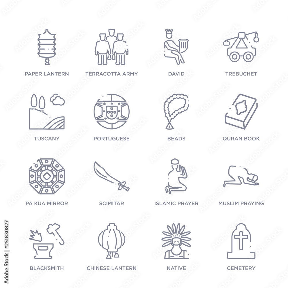 set of 16 thin linear icons such as cemetery, native, chinese lantern, blacksmith, muslim praying, islamic prayer, scimitar from cultures collection on white background, outline sign icons or set of 16 thin linear icons such as cemetery, native, chinese lantern, blacksmith, muslim praying, islamic prayer, scimitar from cultures collection on white background, outline sign icons or