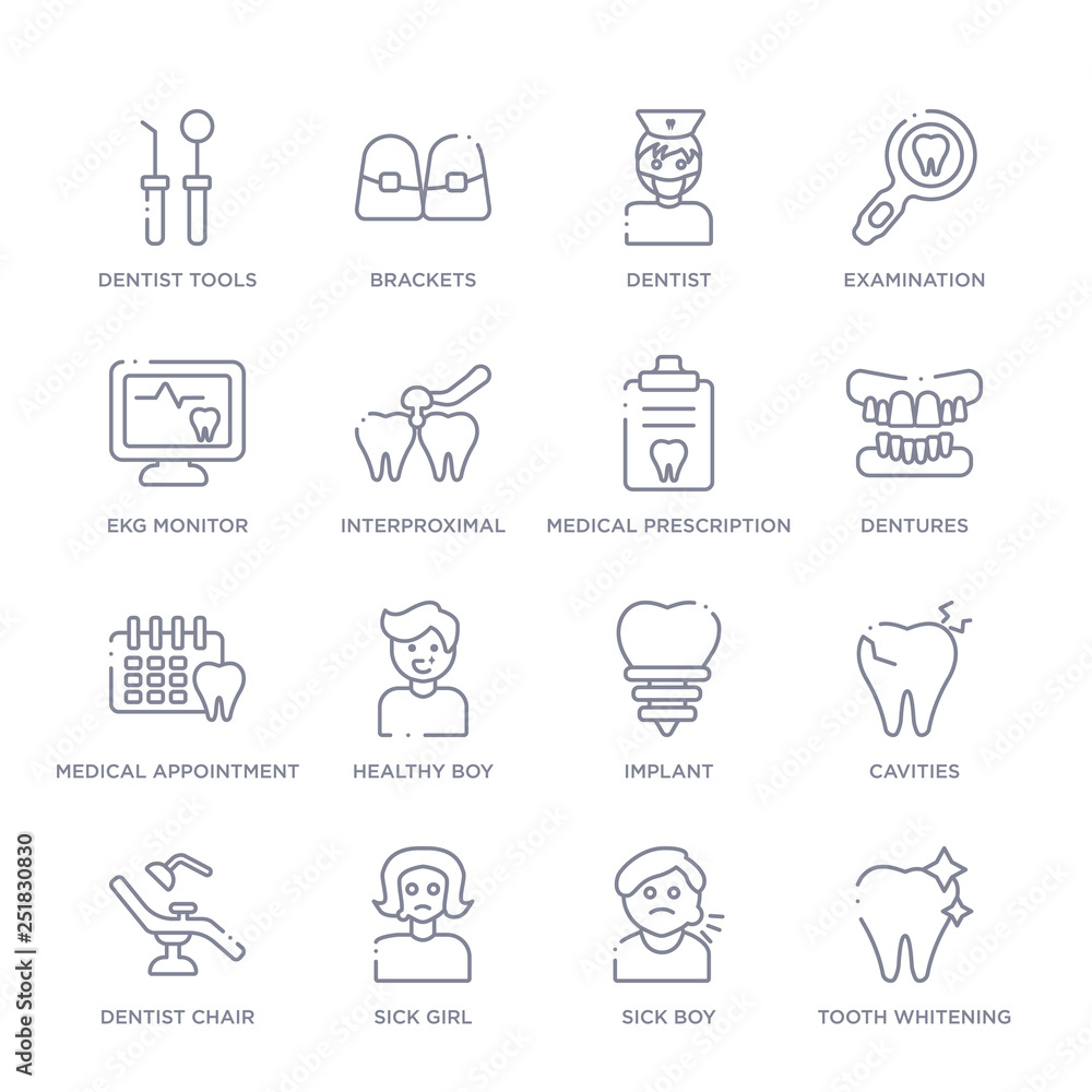 set of 16 thin linear icons such as tooth whitening, sick boy, sick girl, dentist chair, cavities, implant, healthy boy from dentist collection on white background, outline sign icons or symbols set of 16 thin linear icons such as tooth whitening, sick boy, sick girl, dentist chair, cavities, implant, healthy boy from dentist collection on white background, outline sign icons or symbols