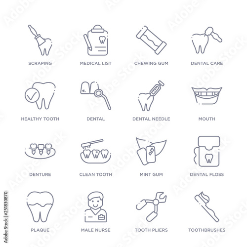 set of 16 thin linear icons such as toothbrushes, tooth pliers, male nurse, plaque, dental floss, mint gum, clean tooth from dentist collection on white background, outline sign icons or symbols