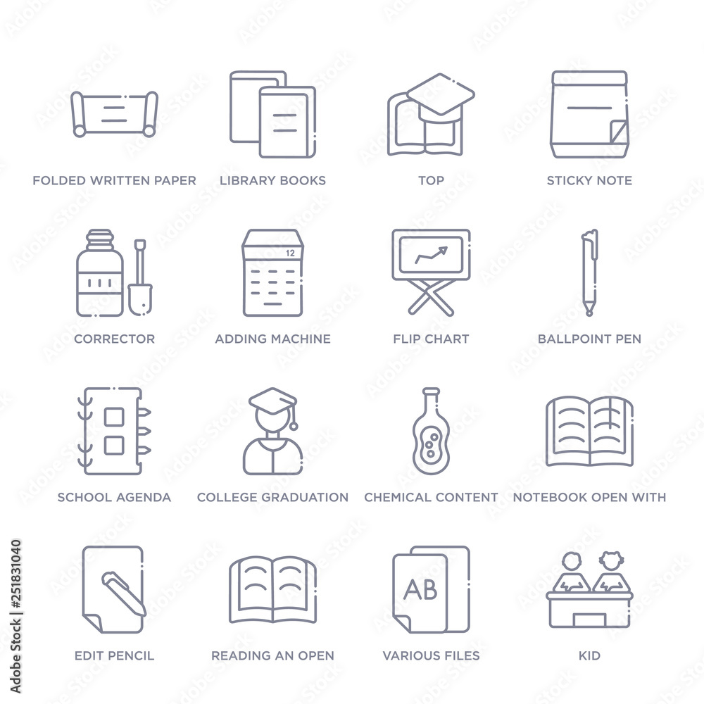 set of 16 thin linear icons such as kid, various files, reading an open book, edit pencil, notebook open with bookmark, chemical content, college graduation from education collection on white set of 16 thin linear icons such as kid, various files, reading an open book, edit pencil, notebook open with bookmark, chemical content, college graduation from education collection on white